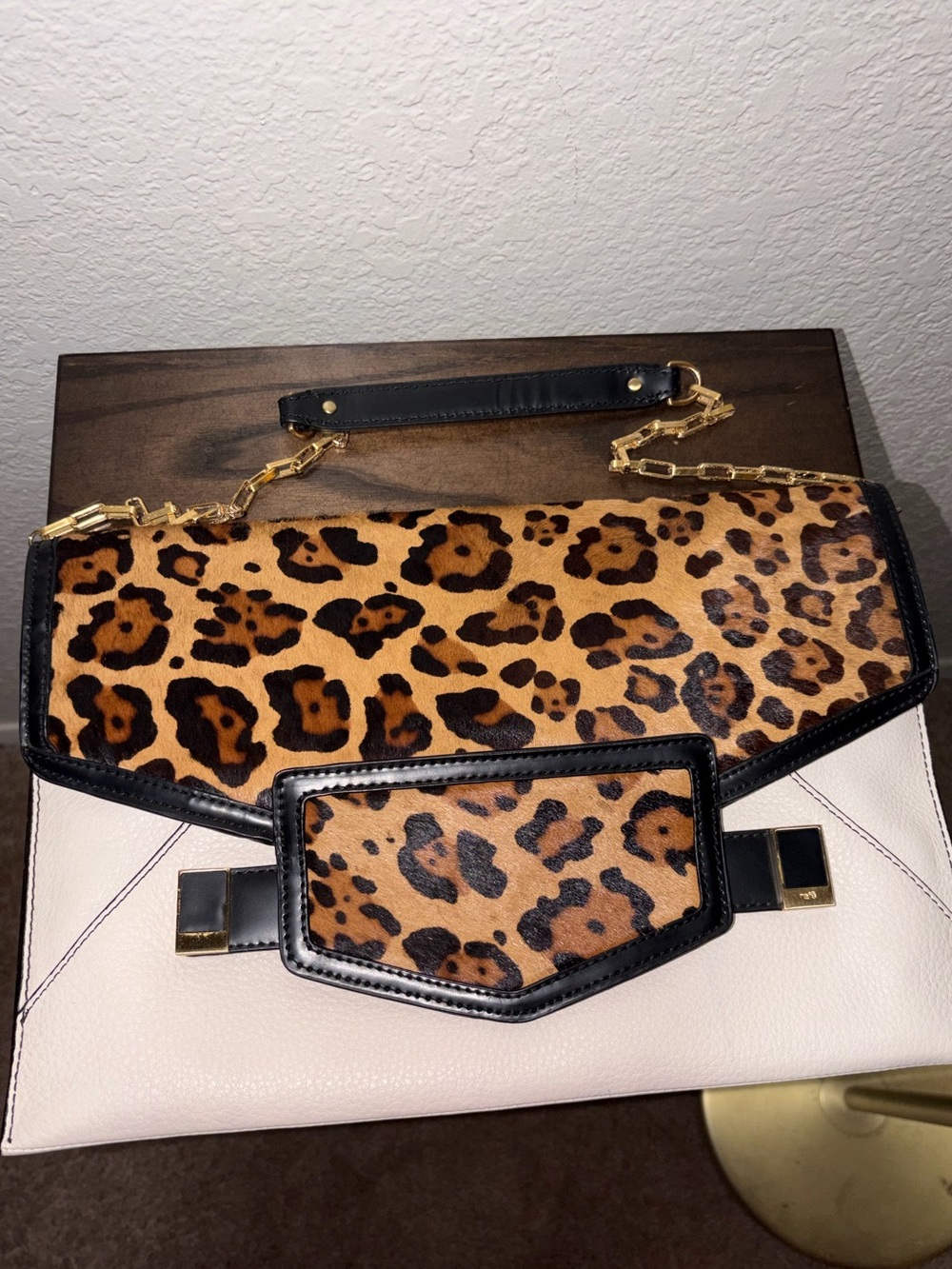 Rafé New York Leopard Haircalf Oversized Envelope Clutch Chain Strap Bag